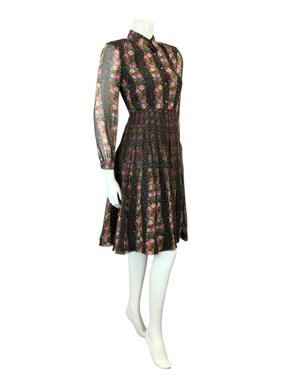VTG 90s does 70S BLACK PINK BLUE GREEN FLORAL STRIPE PLEATED BOHO SHIRT DRESS 4