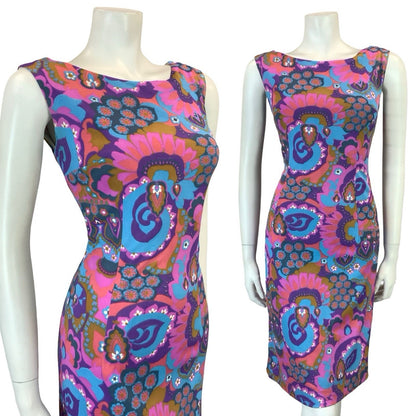 VTG 60S PURPLE PINK BLUE BROWN PSYCHEDELIC FLORAL BOAT NECK PENCIL DRESS 8