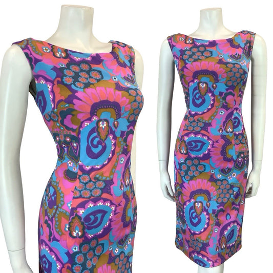 VTG 60S PURPLE PINK BLUE BROWN PSYCHEDELIC FLORAL BOAT NECK PENCIL DRESS 8