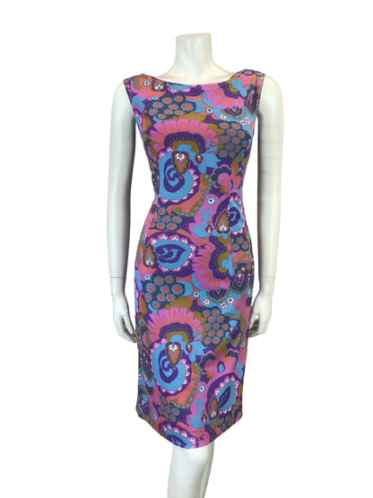 VTG 60S PURPLE PINK BLUE BROWN PSYCHEDELIC FLORAL BOAT NECK PENCIL DRESS 8