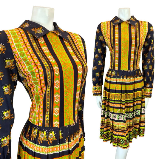 VTG 60S 70S BLUE YELLOW ORANGE STRIPE FLORAL AZTEC PLEATED SHIRT DRESS 12