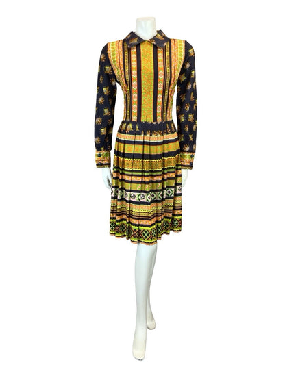 VTG 60S 70S BLUE YELLOW ORANGE STRIPE FLORAL AZTEC PLEATED SHIRT DRESS 12