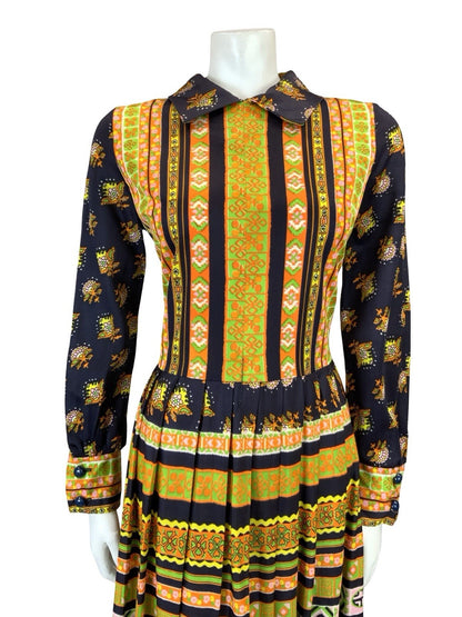 VTG 60S 70S BLUE YELLOW ORANGE STRIPE FLORAL AZTEC PLEATED SHIRT DRESS 12