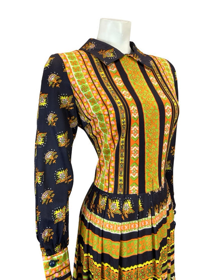 VTG 60S 70S BLUE YELLOW ORANGE STRIPE FLORAL AZTEC PLEATED SHIRT DRESS 12