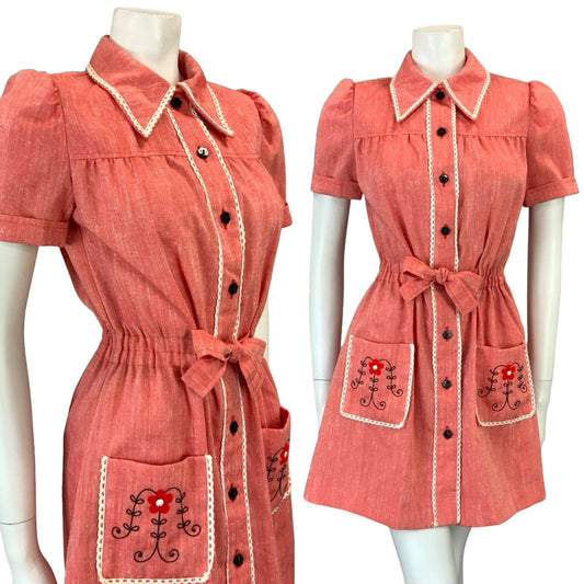 VTG 60S 70S RED WHITE BLACK EMBROIDERED COTTAGE TIE WAIST MINI SHIRT DRESS 10