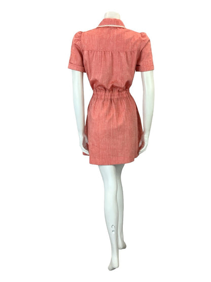 VTG 60S 70S RED WHITE BLACK EMBROIDERED COTTAGE TIE WAIST MINI SHIRT DRESS 10