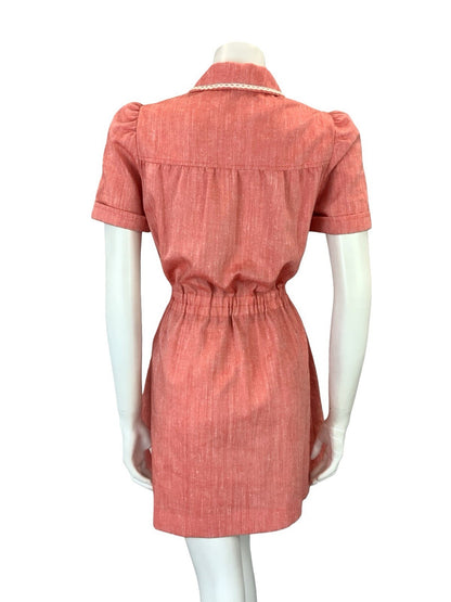 VTG 60S 70S RED WHITE BLACK EMBROIDERED COTTAGE TIE WAIST MINI SHIRT DRESS 10
