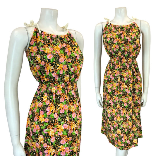VTG 60S 70S BLACK ORANGE PINK TROPICAL FLORAL ELASTICATED WAIST STRAPPY DRESS 12