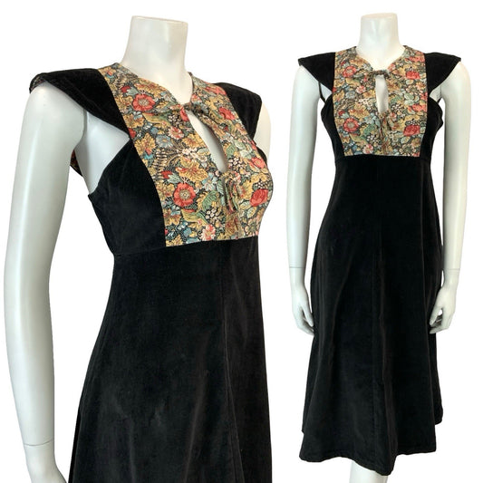 VTG 70S BLACK CORDUROY PINK BEIGE GREEN FLORAL BIB FOLK FLORAL EMPIRE DRESS XS 6
