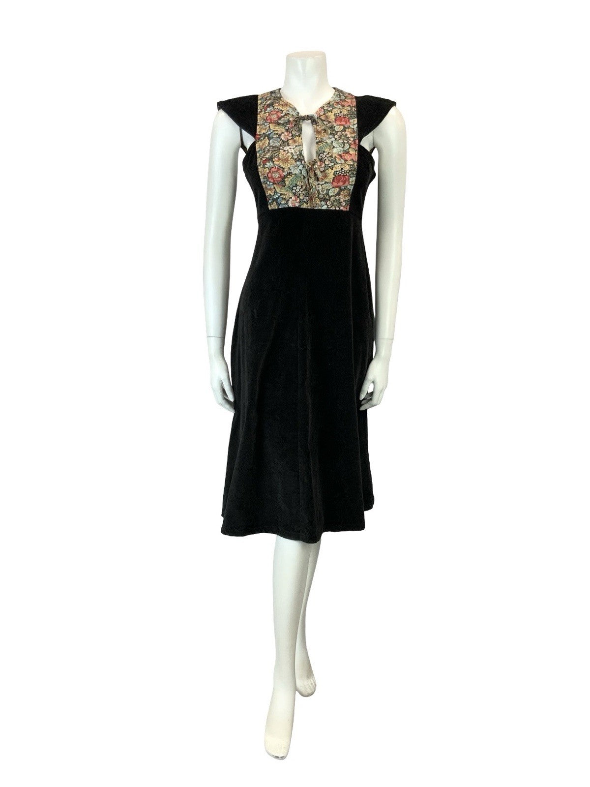 VTG 70S BLACK CORDUROY PINK BEIGE GREEN FLORAL BIB FOLK FLORAL EMPIRE DRESS XS 6