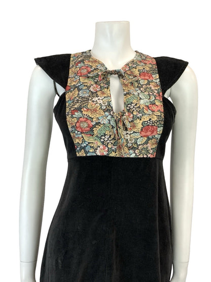 VTG 70S BLACK CORDUROY PINK BEIGE GREEN FLORAL BIB FOLK FLORAL EMPIRE DRESS XS 6