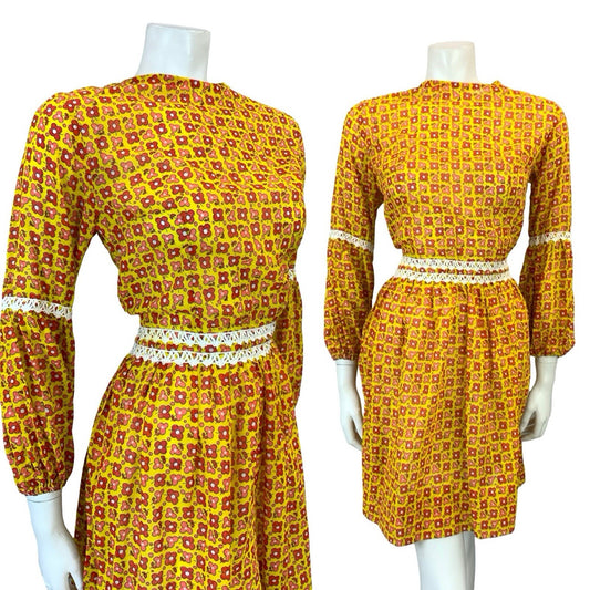 VTG 60S 70S YELLOW RED WHITE ROMANTIC MOD FLORAL JULIET SLEEVE MINI DRESS 8