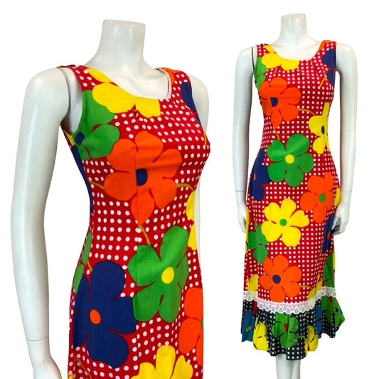 VTG 60S 70S RED WHITE POLKA DOT YELLOW ORANGE FLORAL RUFFLE MIDI DRESS XS 6