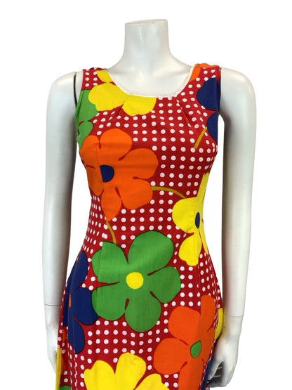 VTG 60S 70S RED WHITE POLKA DOT YELLOW ORANGE FLORAL RUFFLE MIDI DRESS XS 6