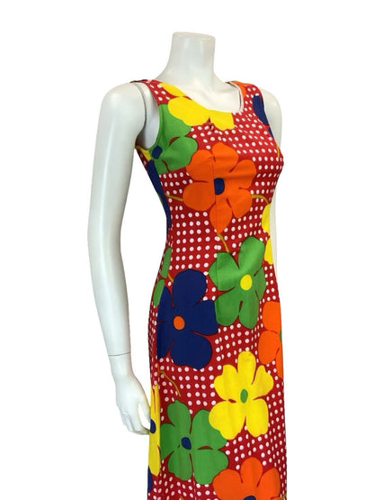 VTG 60S 70S RED WHITE POLKA DOT YELLOW ORANGE FLORAL RUFFLE MIDI DRESS XS 6