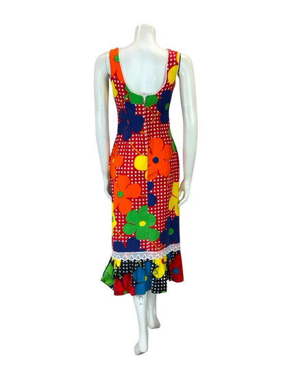 VTG 60S 70S RED WHITE POLKA DOT YELLOW ORANGE FLORAL RUFFLE MIDI DRESS XS 6