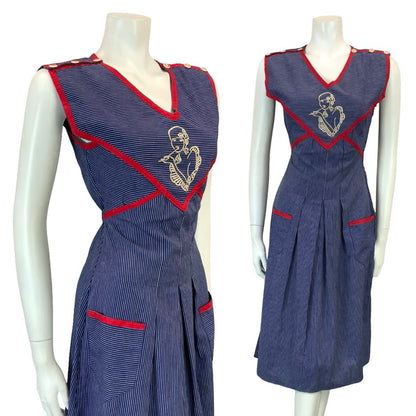 VTG 70S BLUE WHITE RED PINSTRIPE ART DECO WOMAN TIE WAIST PINAFORE DRESS XS 6