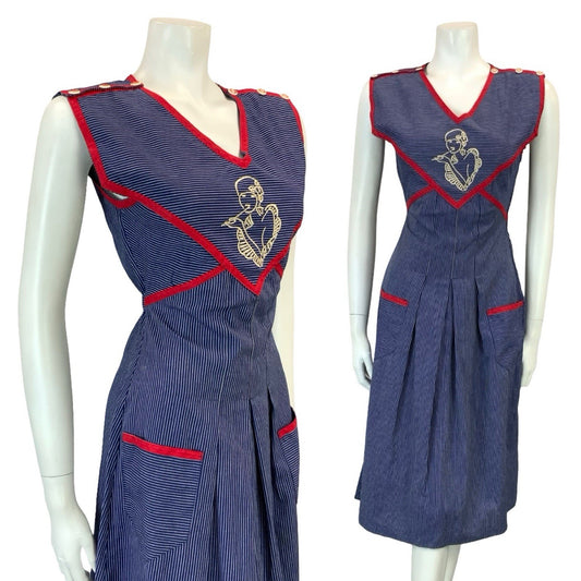 VTG 70S BLUE WHITE RED PINSTRIPE ART DECO WOMAN TIE WAIST PINAFORE DRESS XS 6
