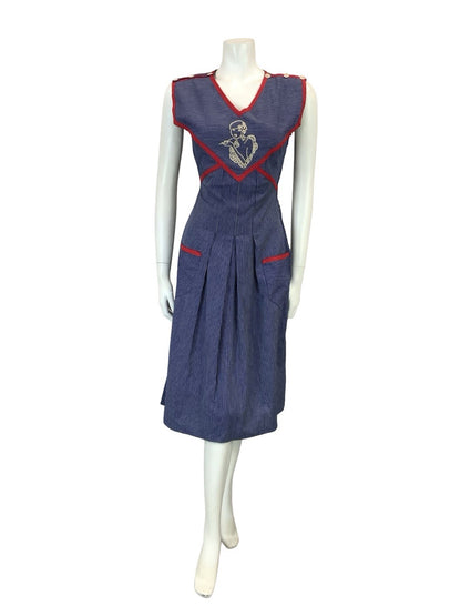 VTG 70S BLUE WHITE RED PINSTRIPE ART DECO WOMAN TIE WAIST PINAFORE DRESS XS 6