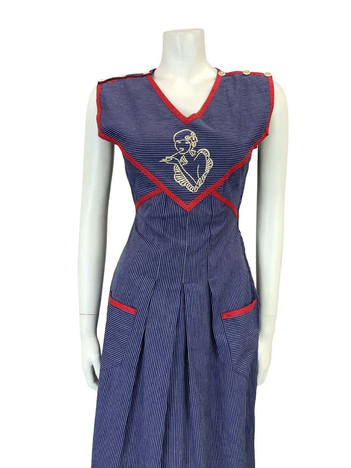 VTG 70S BLUE WHITE RED PINSTRIPE ART DECO WOMAN TIE WAIST PINAFORE DRESS XS 6