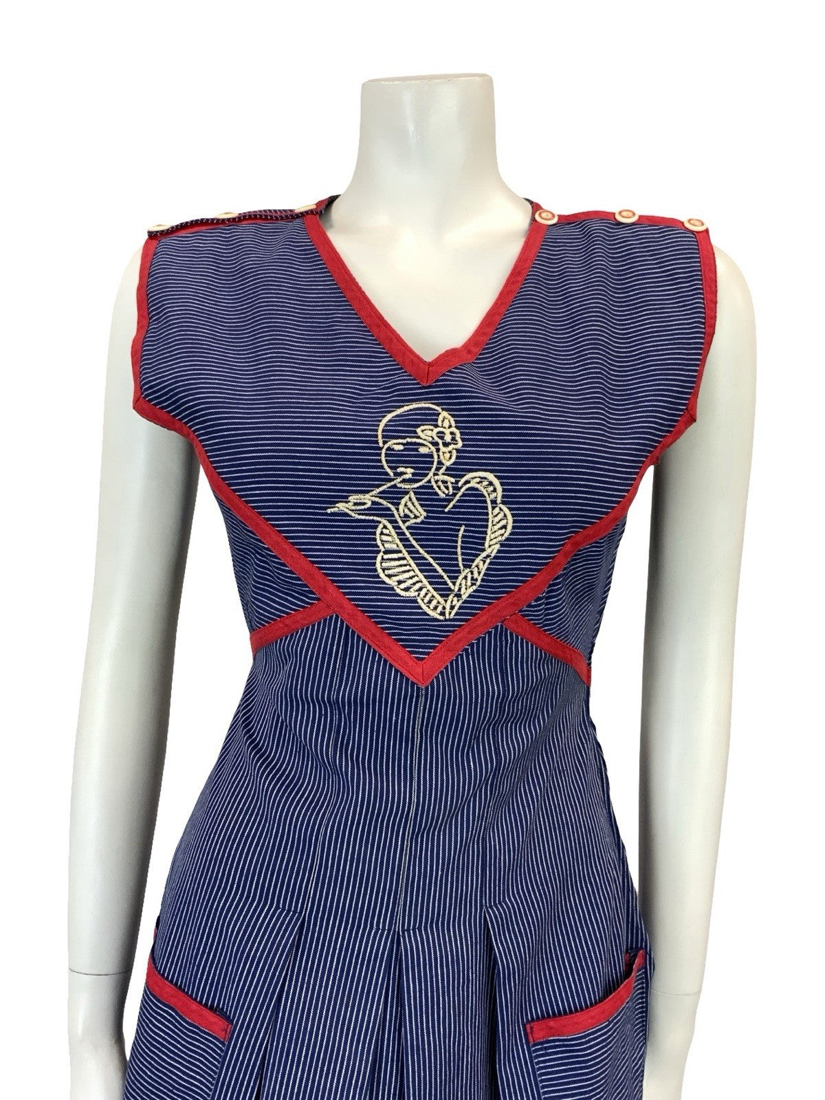 VTG 70S BLUE WHITE RED PINSTRIPE ART DECO WOMAN TIE WAIST PINAFORE DRESS XS 6