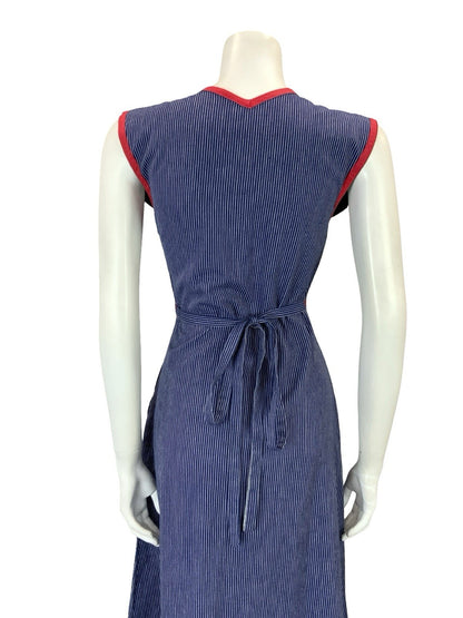 VTG 70S BLUE WHITE RED PINSTRIPE ART DECO WOMAN TIE WAIST PINAFORE DRESS XS 6