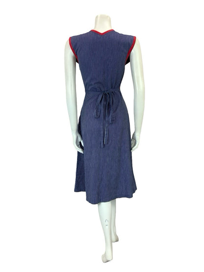 VTG 70S BLUE WHITE RED PINSTRIPE ART DECO WOMAN TIE WAIST PINAFORE DRESS XS 6