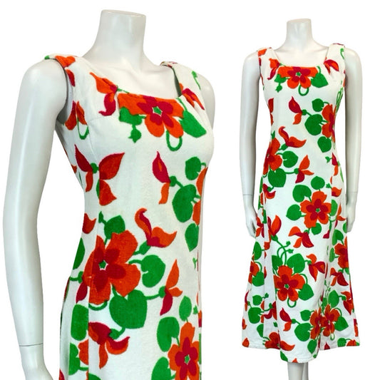 VTG 60S 70S WHITE RED GREEN FLORAL TOWELLING SCOOP NECK MIDI DRESS 8 10 S