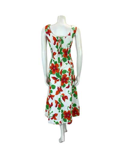 VTG 60S 70S WHITE RED GREEN FLORAL TOWELLING SCOOP NECK MIDI DRESS 8 10 S