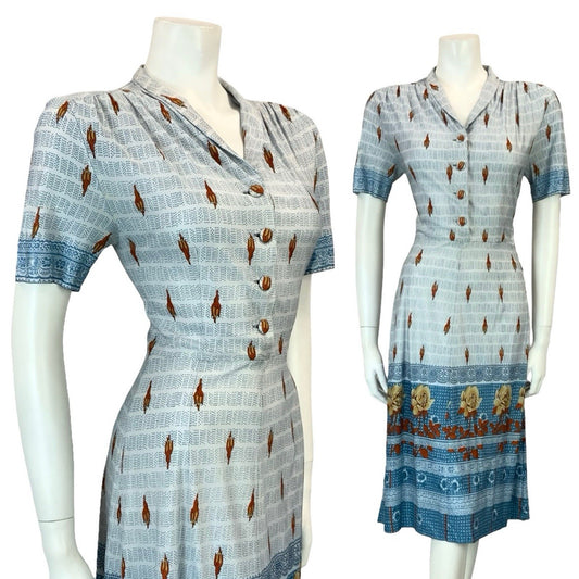 VTG 60S 70S BLUE BEIGE BROWN FLORAL ROSE DOTTY STRIPE SHIRT TEA DRESS 8