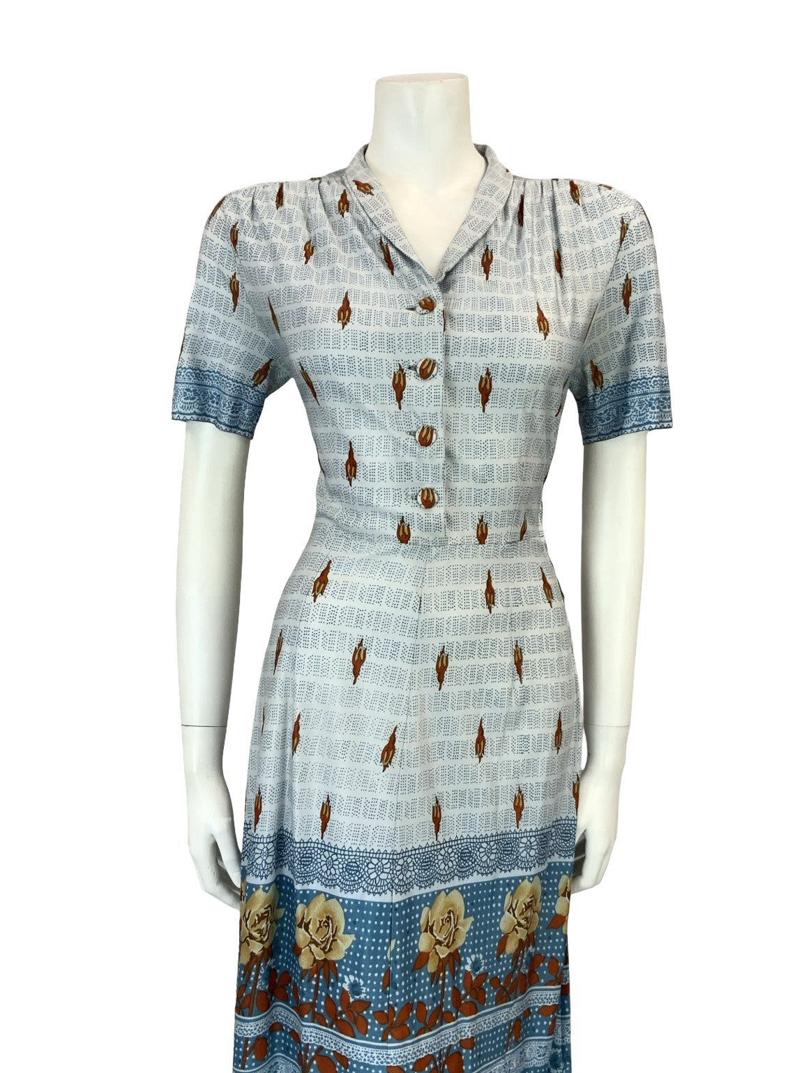 VTG 60S 70S BLUE BEIGE BROWN FLORAL ROSE DOTTY STRIPE SHIRT TEA DRESS 8