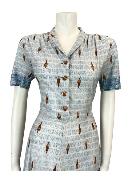VTG 60S 70S BLUE BEIGE BROWN FLORAL ROSE DOTTY STRIPE SHIRT TEA DRESS 8