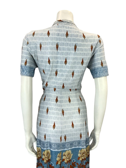 VTG 60S 70S BLUE BEIGE BROWN FLORAL ROSE DOTTY STRIPE SHIRT TEA DRESS 8