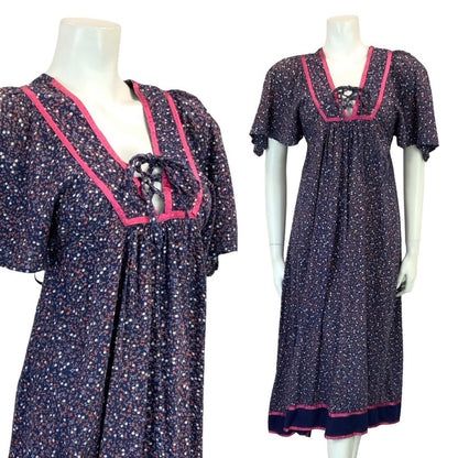 VTG 60S 70S BLUE PINK BROWN FLORAL BOHO FLARED EMPIRE BIB SMOCK DRESS 8