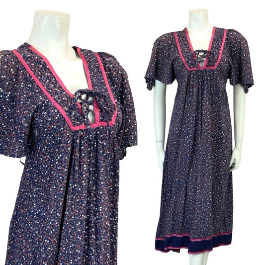 VTG 60S 70S BLUE PINK BROWN FLORAL BOHO FLARED EMPIRE BIB SMOCK DRESS 8
