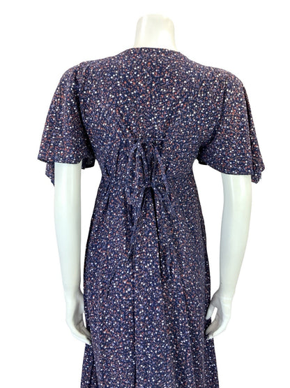 VTG 60S 70S BLUE PINK BROWN FLORAL BOHO FLARED EMPIRE BIB SMOCK DRESS 8
