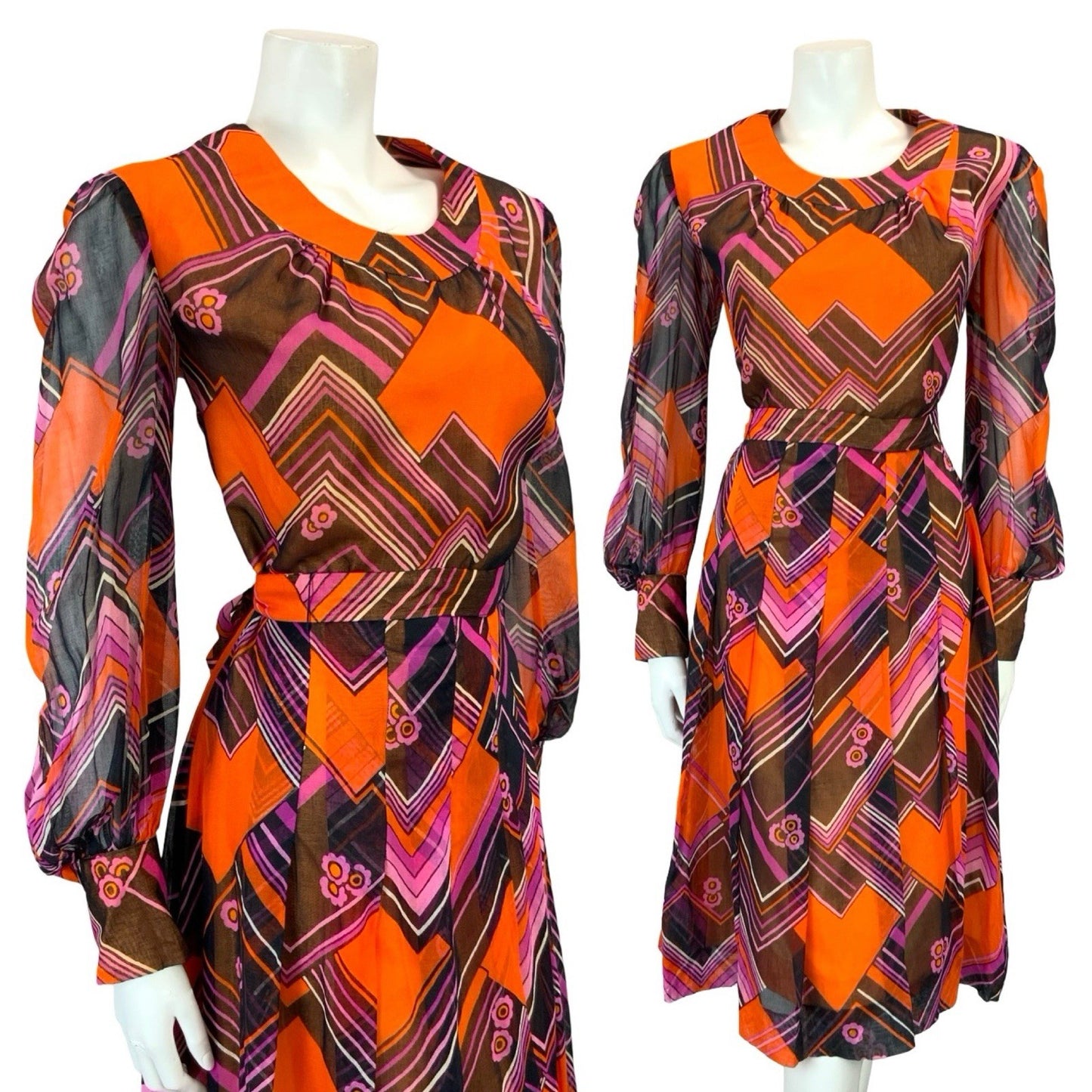 VTG 60S ORANGE BLACK PURPLE MOD CHEVRON ZIG ZAG BELTED PLEAT MESH DRESS 10