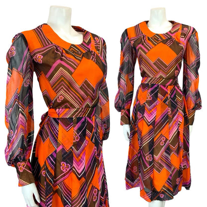 VTG 60S ORANGE BLACK PURPLE MOD CHEVRON ZIG ZAG BELTED PLEAT MESH DRESS 10