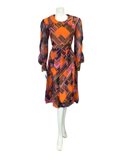 VTG 60S ORANGE BLACK PURPLE MOD CHEVRON ZIG ZAG BELTED PLEAT MESH DRESS 10