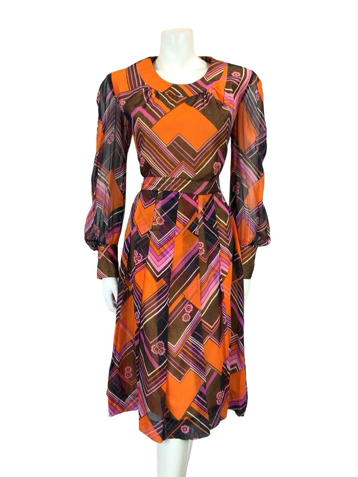 VTG 60S ORANGE BLACK PURPLE MOD CHEVRON ZIG ZAG BELTED PLEAT MESH DRESS 10