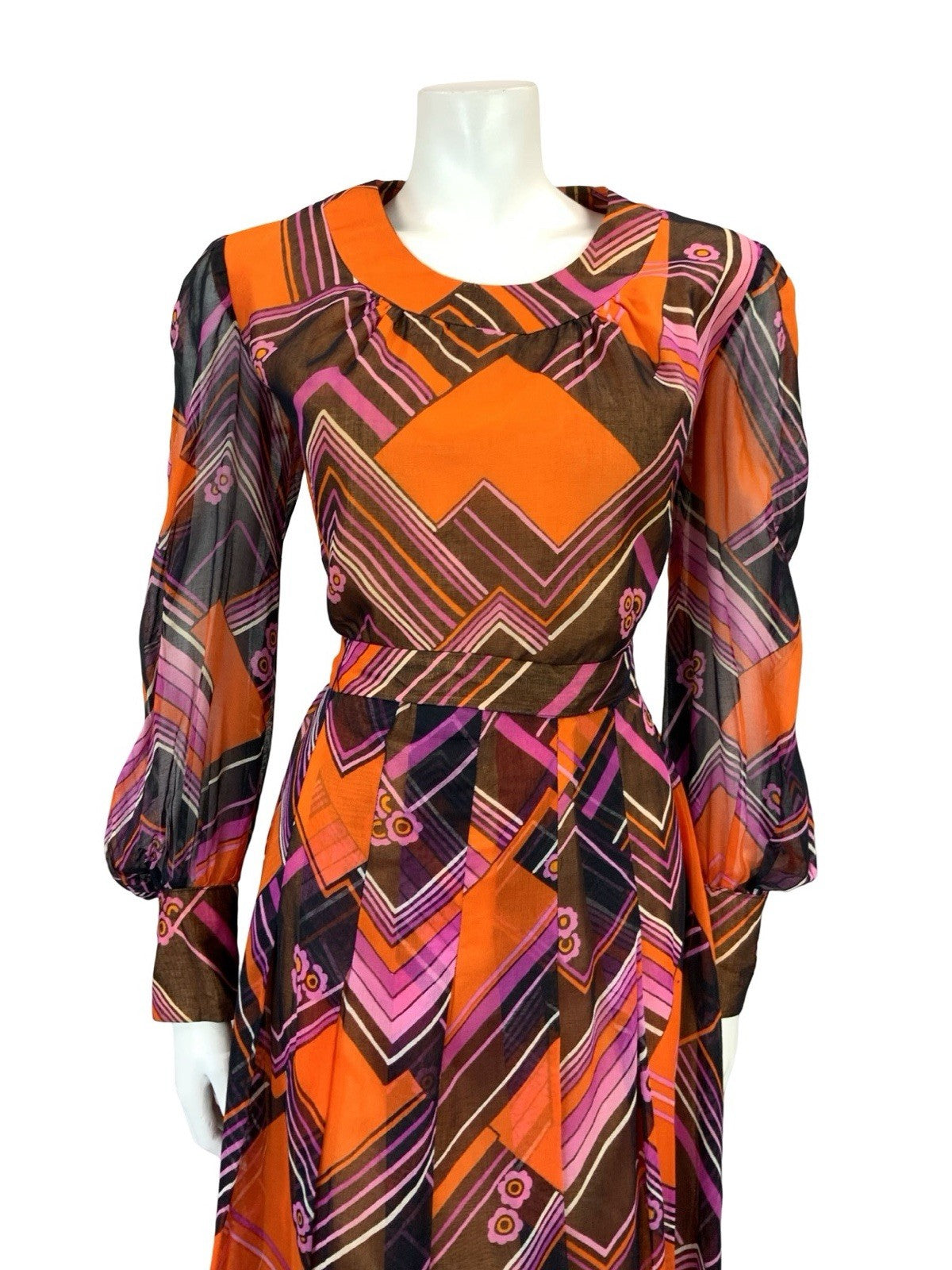 VTG 60S ORANGE BLACK PURPLE MOD CHEVRON ZIG ZAG BELTED PLEAT MESH DRESS 10