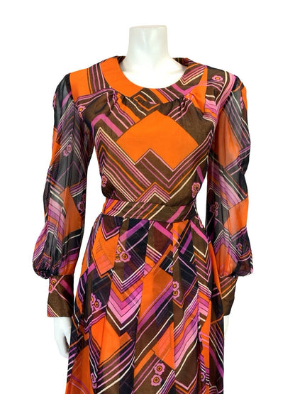 VTG 60S ORANGE BLACK PURPLE MOD CHEVRON ZIG ZAG BELTED PLEAT MESH DRESS 10