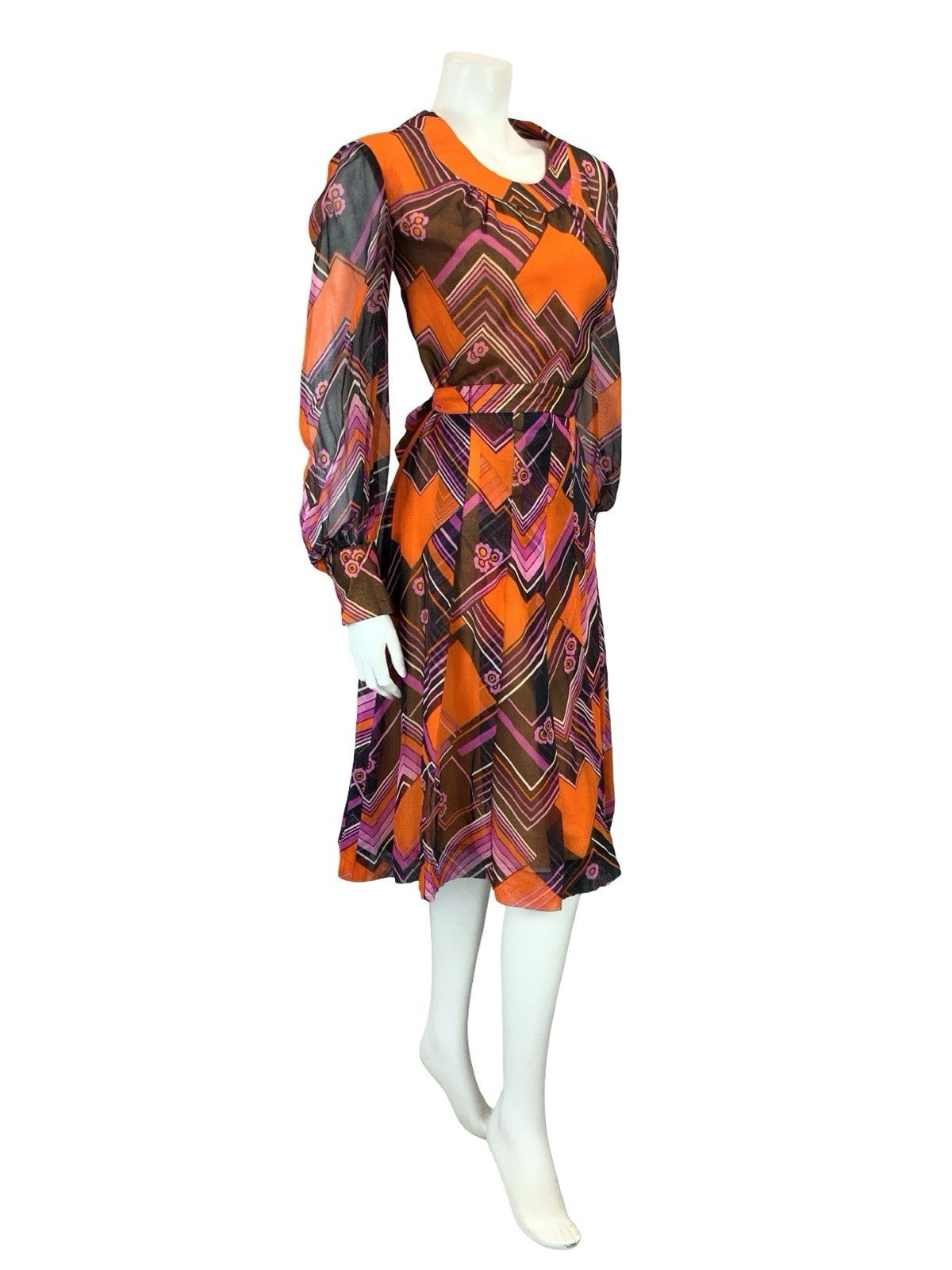 VTG 60S ORANGE BLACK PURPLE MOD CHEVRON ZIG ZAG BELTED PLEAT MESH DRESS 10