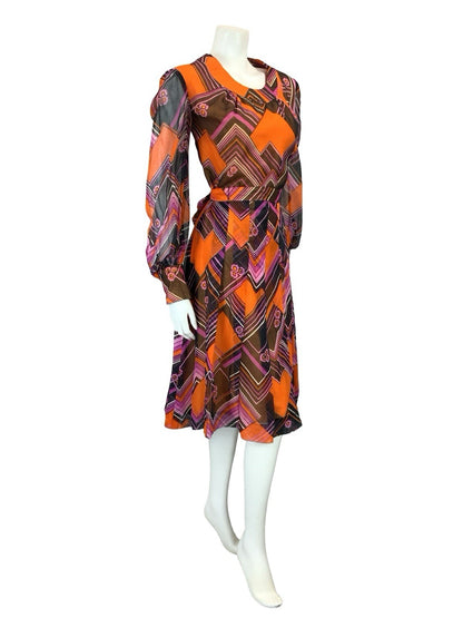 VTG 60S ORANGE BLACK PURPLE MOD CHEVRON ZIG ZAG BELTED PLEAT MESH DRESS 10