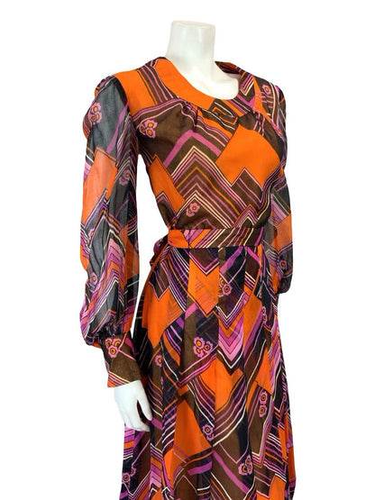 VTG 60S ORANGE BLACK PURPLE MOD CHEVRON ZIG ZAG BELTED PLEAT MESH DRESS 10