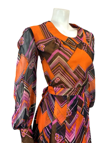 VTG 60S ORANGE BLACK PURPLE MOD CHEVRON ZIG ZAG BELTED PLEAT MESH DRESS 10