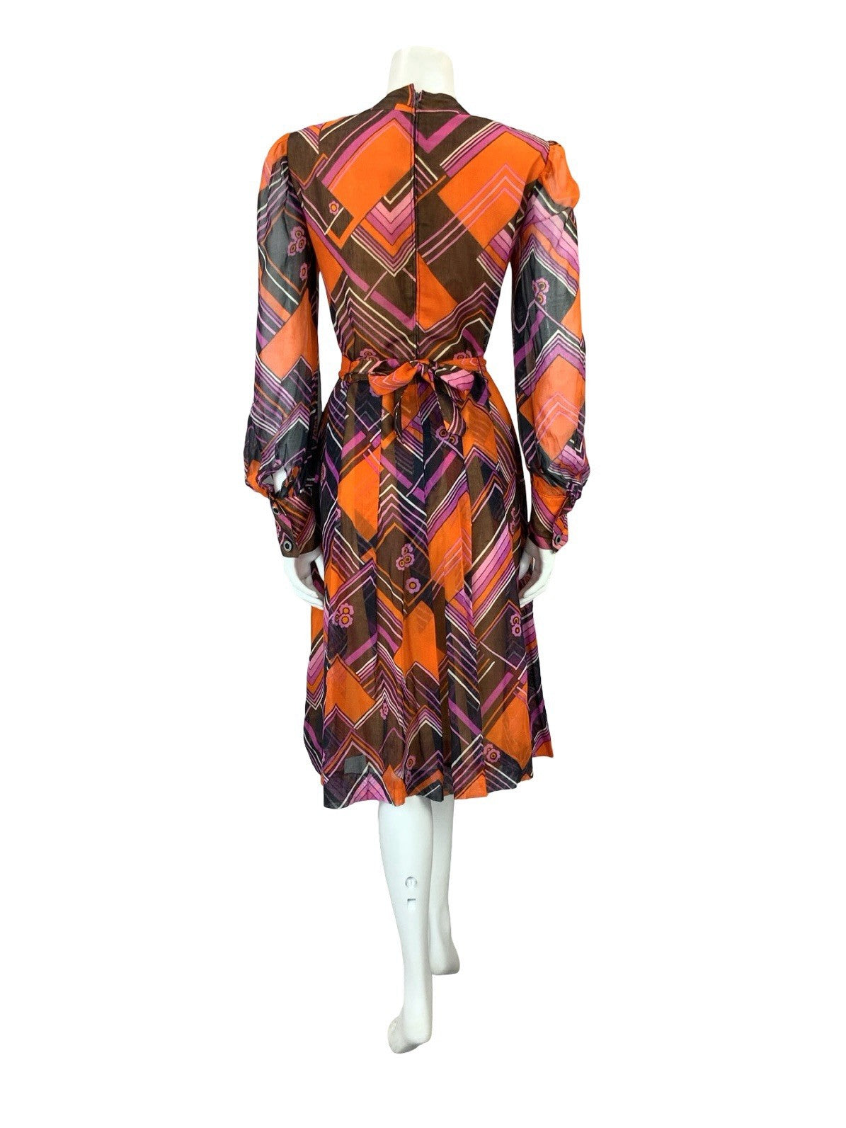 VTG 60S ORANGE BLACK PURPLE MOD CHEVRON ZIG ZAG BELTED PLEAT MESH DRESS 10