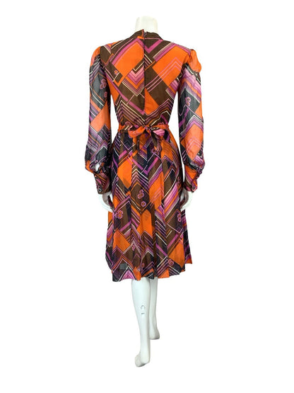 VTG 60S ORANGE BLACK PURPLE MOD CHEVRON ZIG ZAG BELTED PLEAT MESH DRESS 10