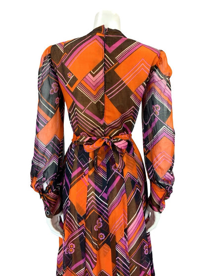 VTG 60S ORANGE BLACK PURPLE MOD CHEVRON ZIG ZAG BELTED PLEAT MESH DRESS 10