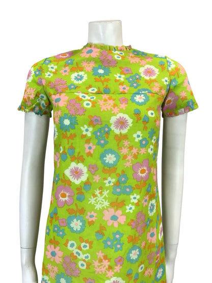 VTG 60S GREEN PINK PURPLE BLUE ORANGE FLORAL MOD FLORAL RUFFLE SHIFT DRESS XS 6